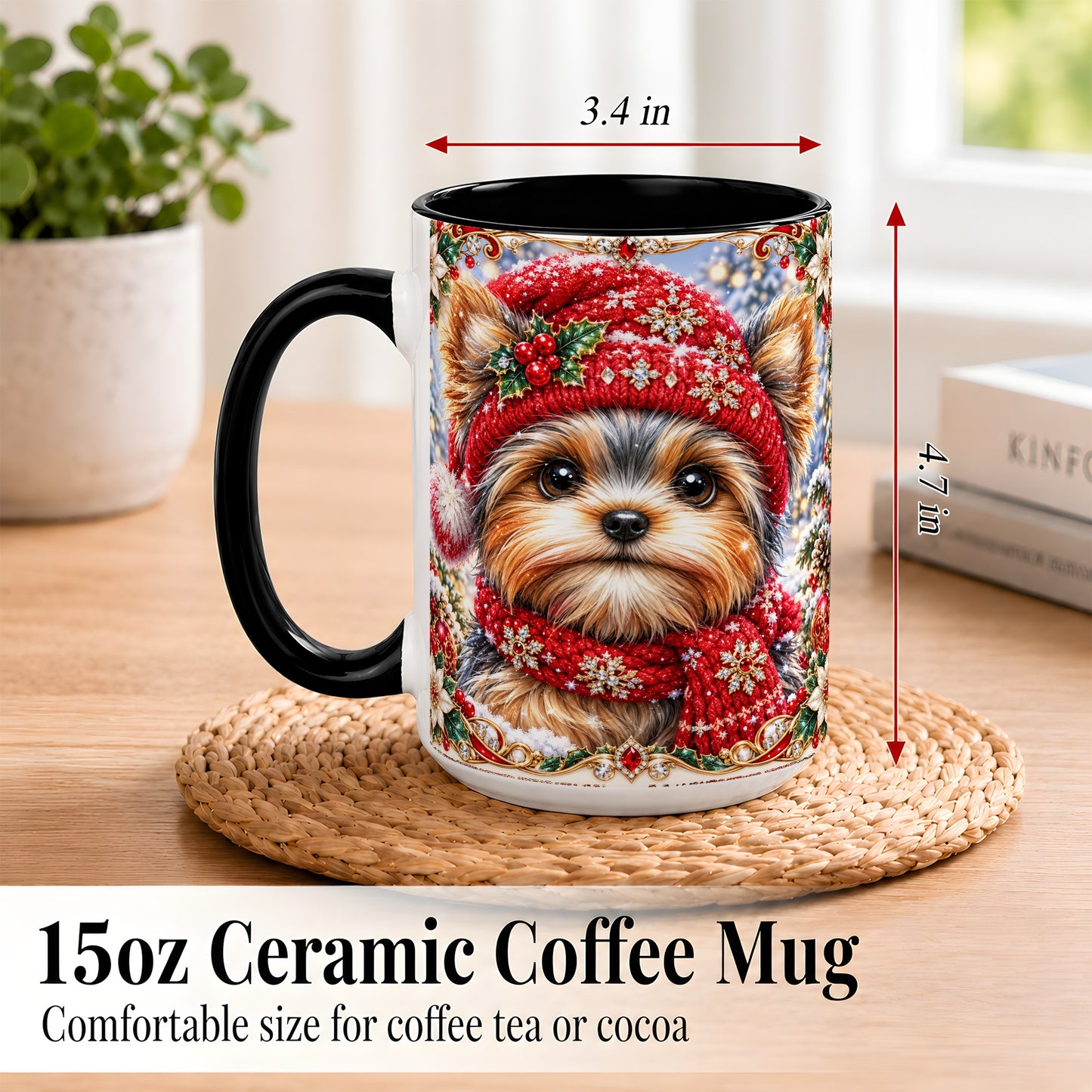 #pl[15oz|Black] Winter Yorkshire Terrier Coffee Mug, Christmas Dog Mug, Ceramic Cup