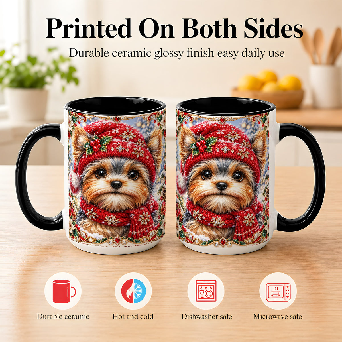 #pl[15oz|Black] Winter Yorkshire Terrier Coffee Mug, Christmas Dog Mug, Ceramic Cup