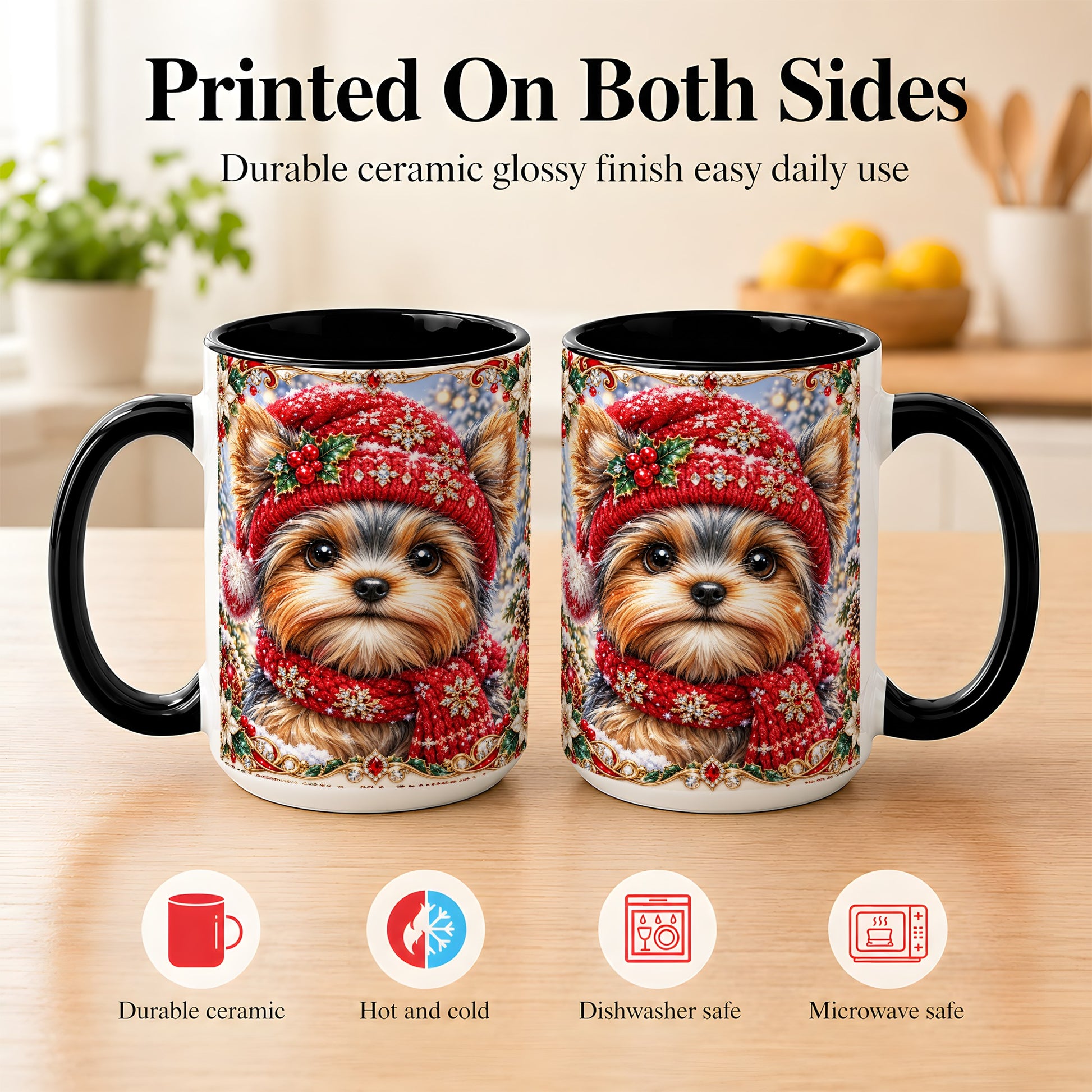 #pl[15oz|Black] Winter Yorkshire Terrier Coffee Mug, Christmas Dog Mug, Ceramic Cup