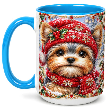 #pl[15oz|Blue] Winter Yorkshire Terrier Coffee Mug, Christmas Dog Mug, Ceramic Cup