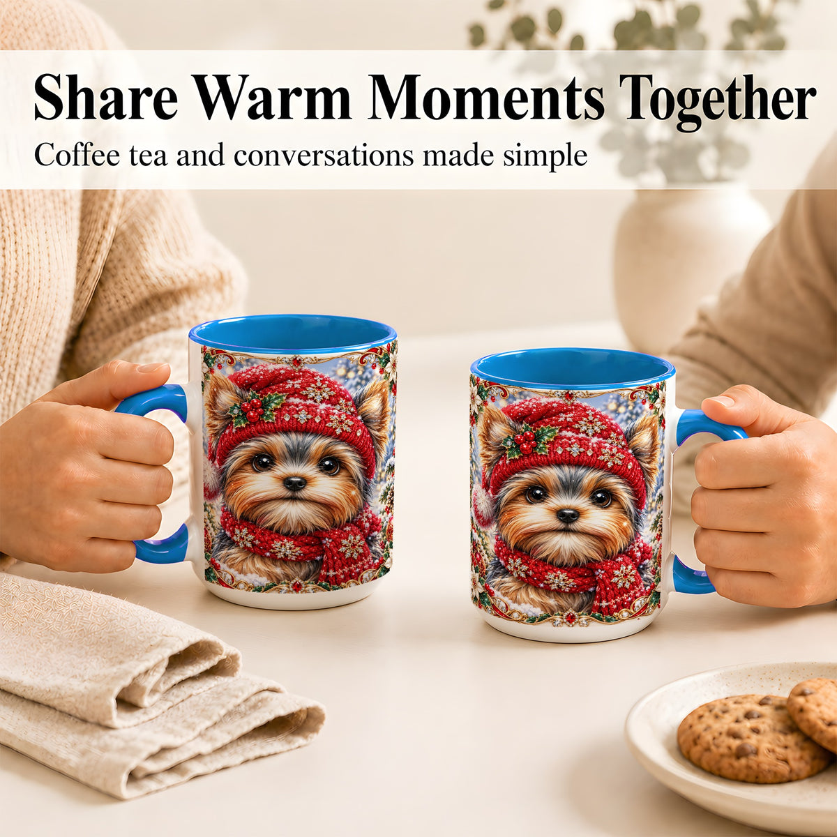 #pl[15oz|Blue] Winter Yorkshire Terrier Coffee Mug, Christmas Dog Mug, Ceramic Cup