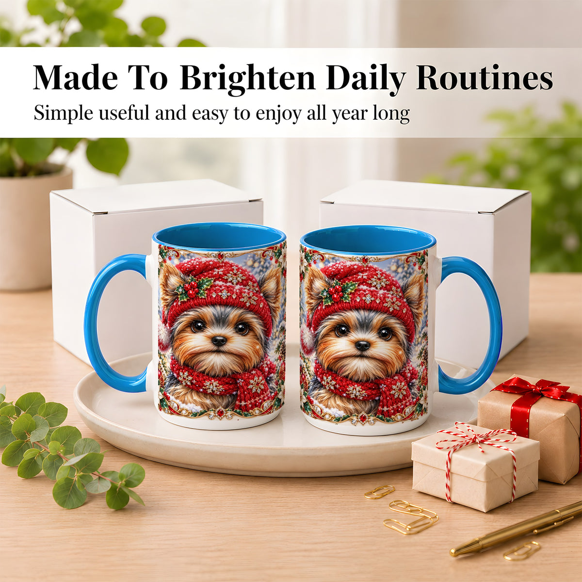 #pl[15oz|Blue] Winter Yorkshire Terrier Coffee Mug, Christmas Dog Mug, Ceramic Cup