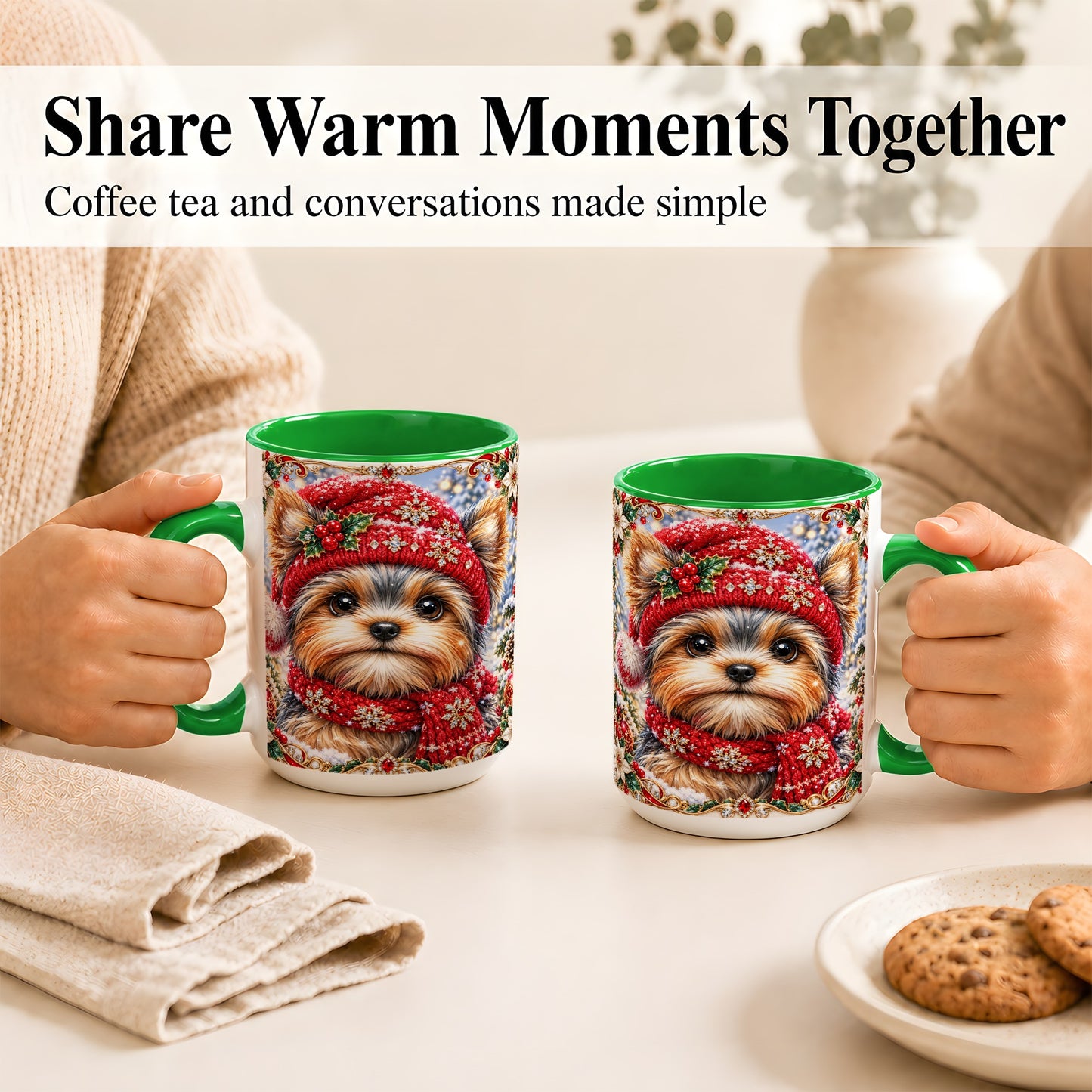 #pl[15oz|Green] Winter Yorkshire Terrier Coffee Mug, Christmas Dog Mug, Ceramic Cup