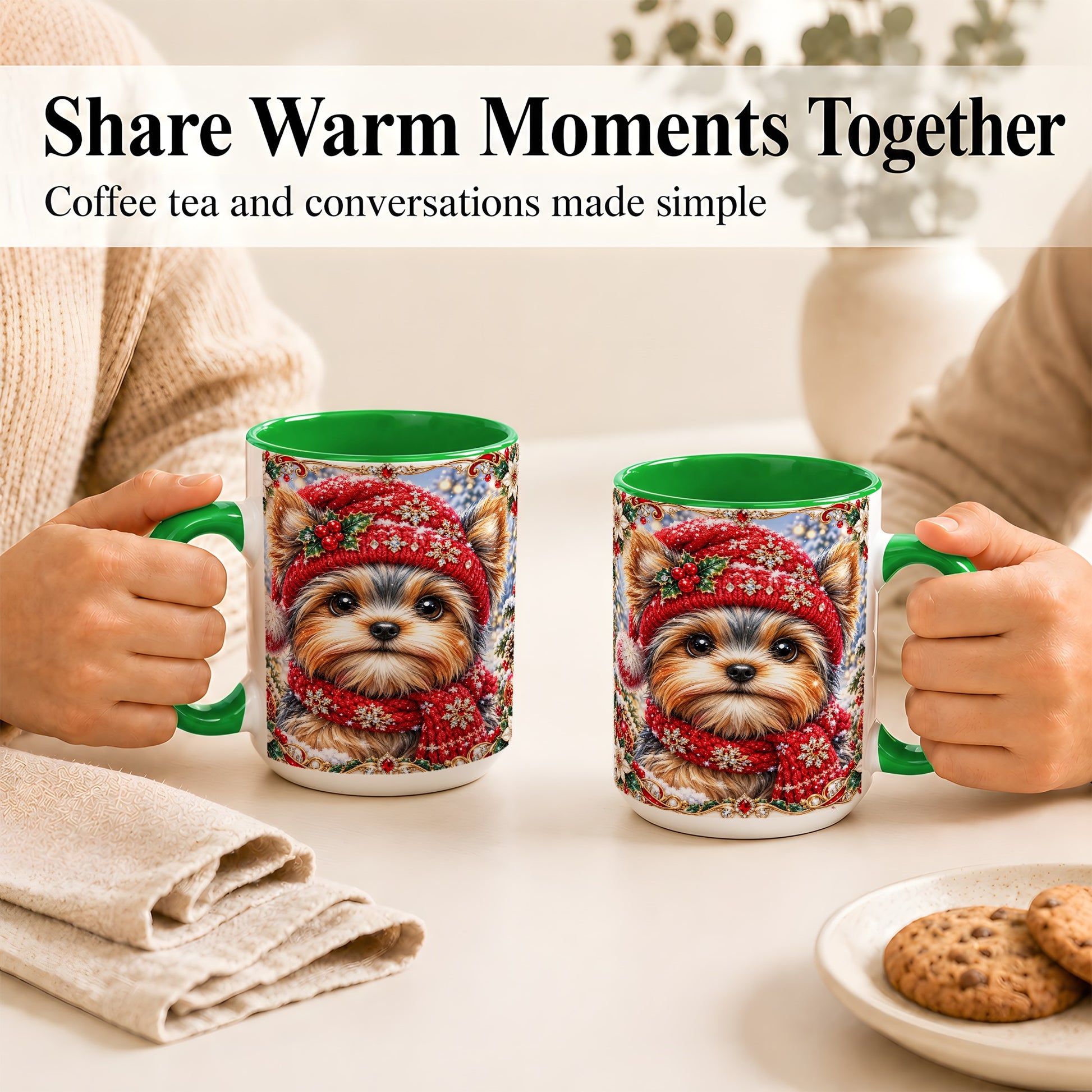 #pl[15oz|Green] Winter Yorkshire Terrier Coffee Mug, Christmas Dog Mug, Ceramic Cup