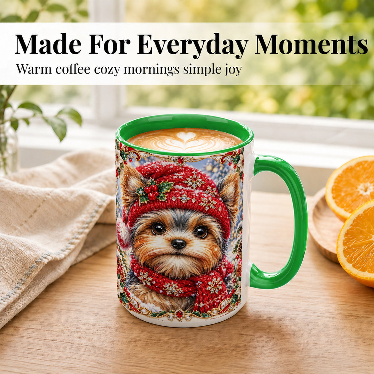 #pl[15oz|Green] Winter Yorkshire Terrier Coffee Mug, Christmas Dog Mug, Ceramic Cup