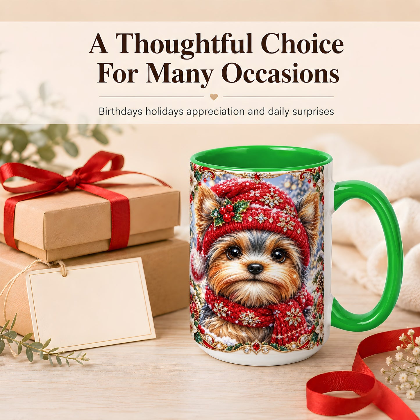 #pl[15oz|Green] Winter Yorkshire Terrier Coffee Mug, Christmas Dog Mug, Ceramic Cup