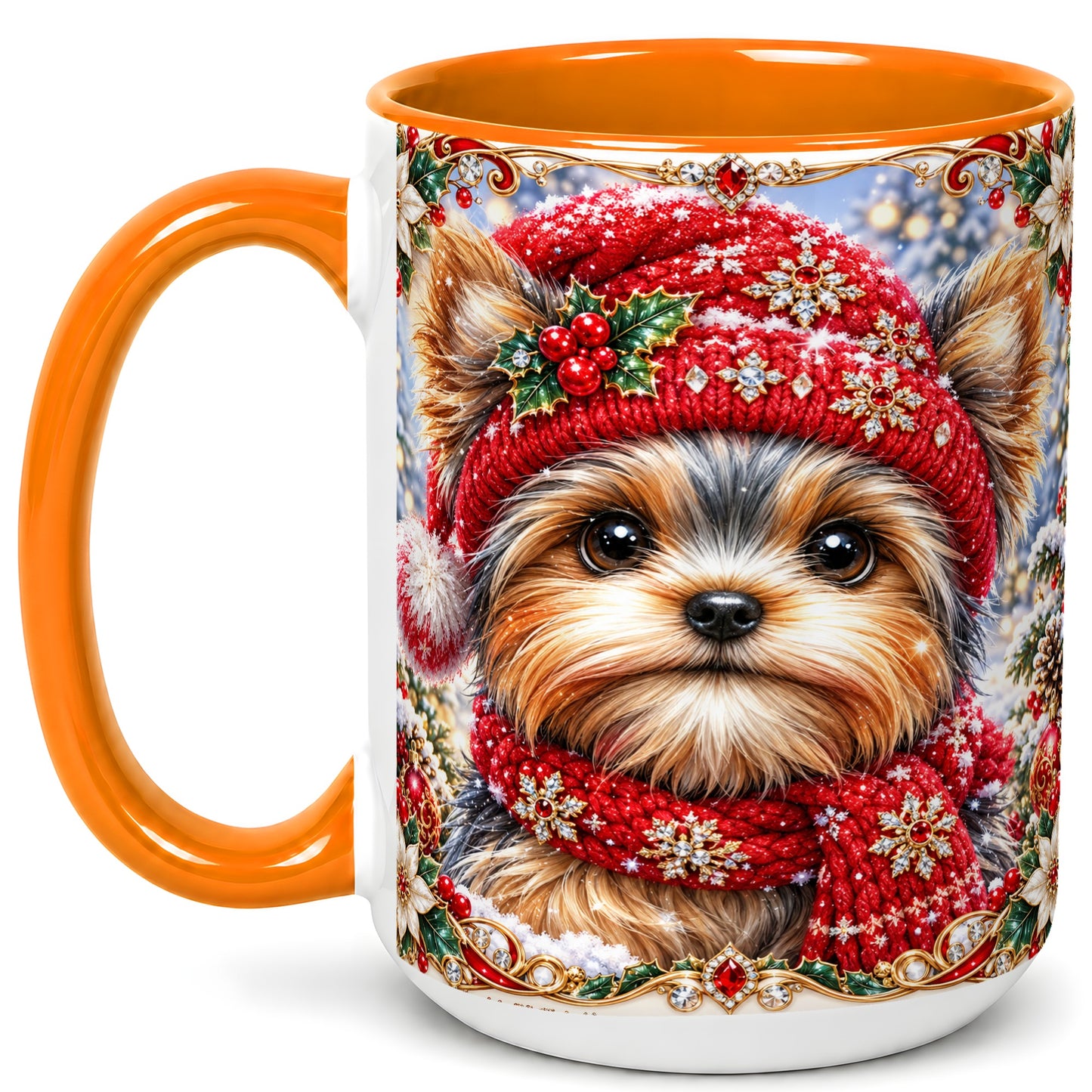 #pl[15oz|Orange] Winter Yorkshire Terrier Coffee Mug, Christmas Dog Mug, Ceramic Cup