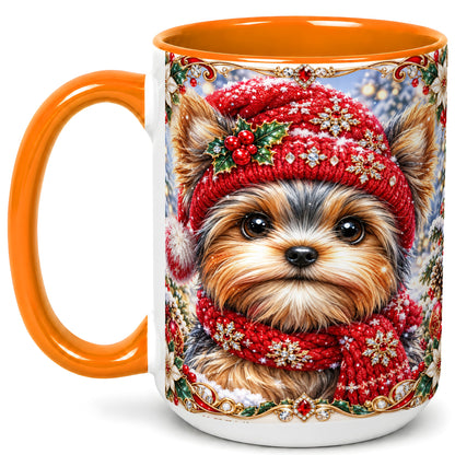 #pl[15oz|Orange] Winter Yorkshire Terrier Coffee Mug, Christmas Dog Mug, Ceramic Cup
