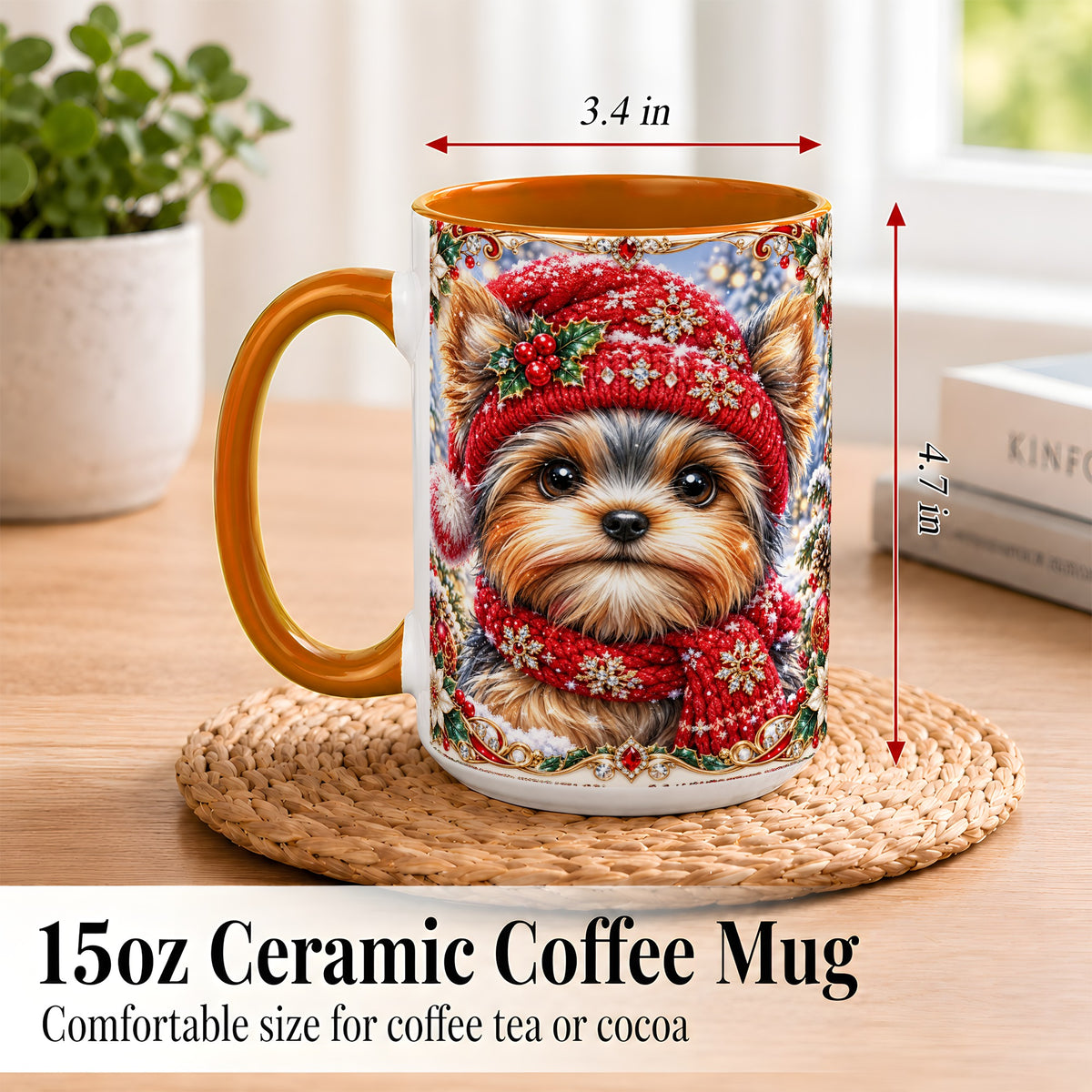 #pl[15oz|Orange] Winter Yorkshire Terrier Coffee Mug, Christmas Dog Mug, Ceramic Cup