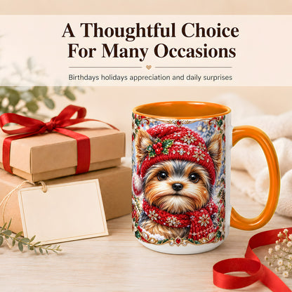 #pl[15oz|Orange] Winter Yorkshire Terrier Coffee Mug, Christmas Dog Mug, Ceramic Cup