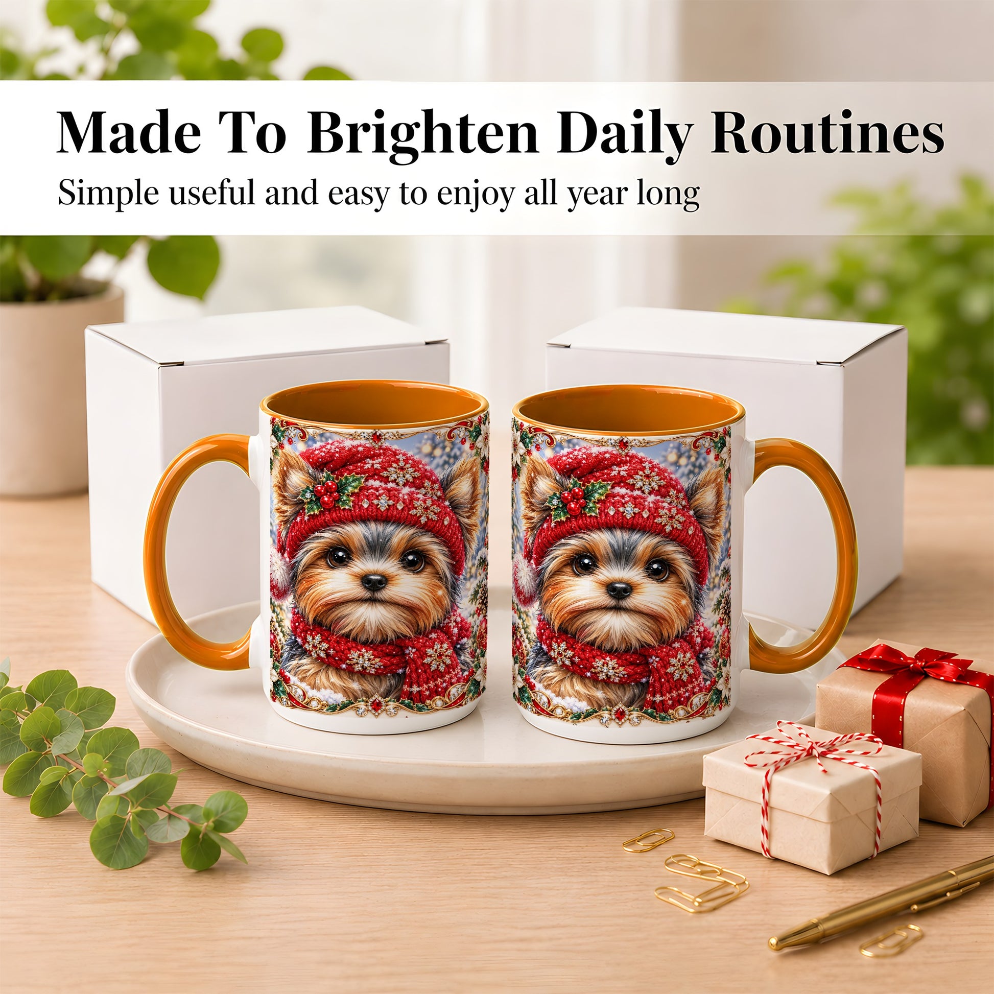 #pl[15oz|Orange] Winter Yorkshire Terrier Coffee Mug, Christmas Dog Mug, Ceramic Cup