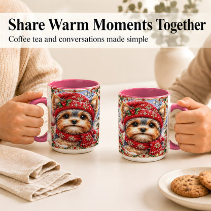 #pl[15oz|Pink] Winter Yorkshire Terrier Coffee Mug, Christmas Dog Mug, Ceramic Cup