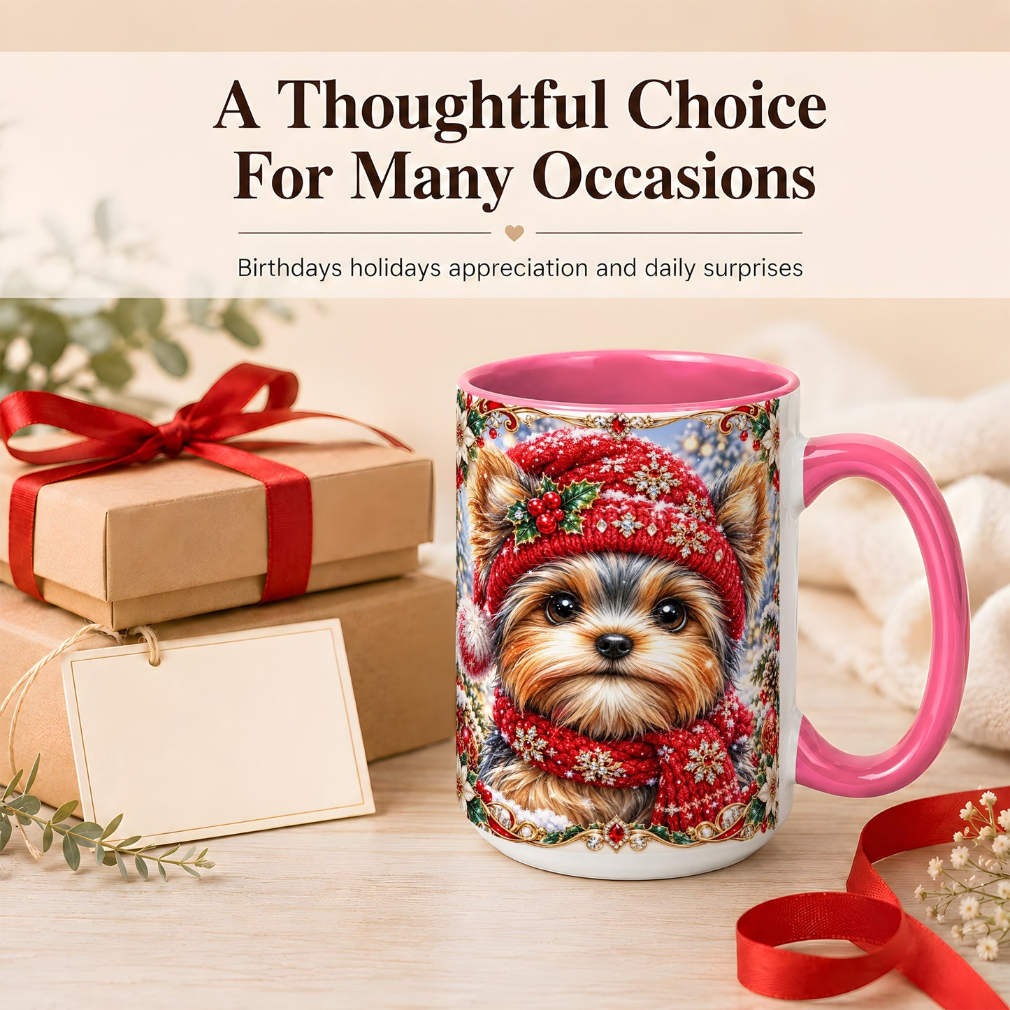 #pl[15oz|Pink] Winter Yorkshire Terrier Coffee Mug, Christmas Dog Mug, Ceramic Cup