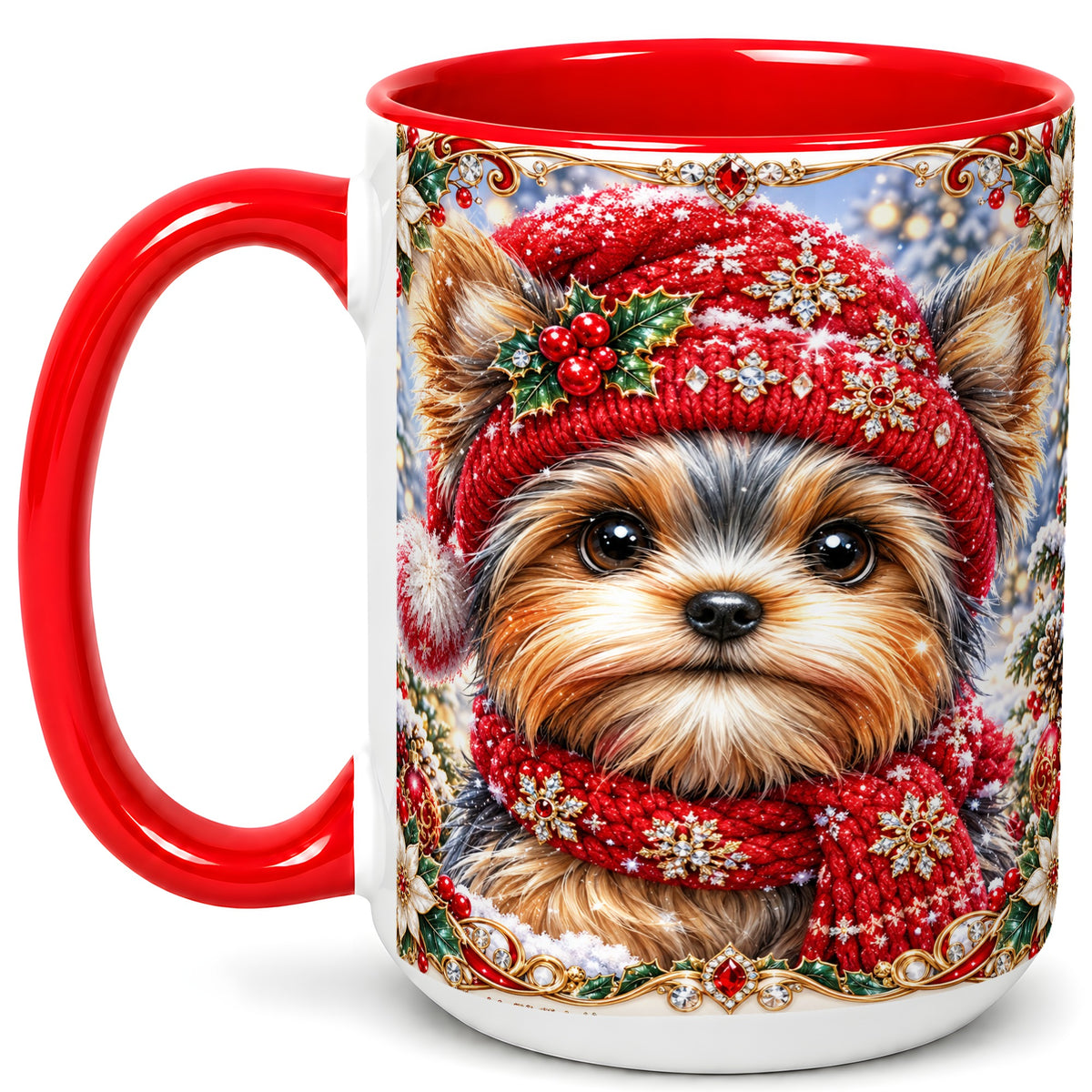 #pl[15oz|Red] Winter Yorkshire Terrier Coffee Mug, Christmas Dog Mug, Ceramic Cup