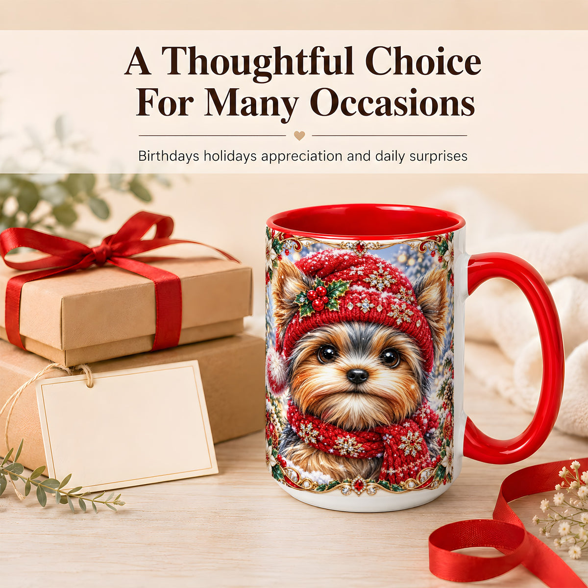 #pl[15oz|Red] Winter Yorkshire Terrier Coffee Mug, Christmas Dog Mug, Ceramic Cup