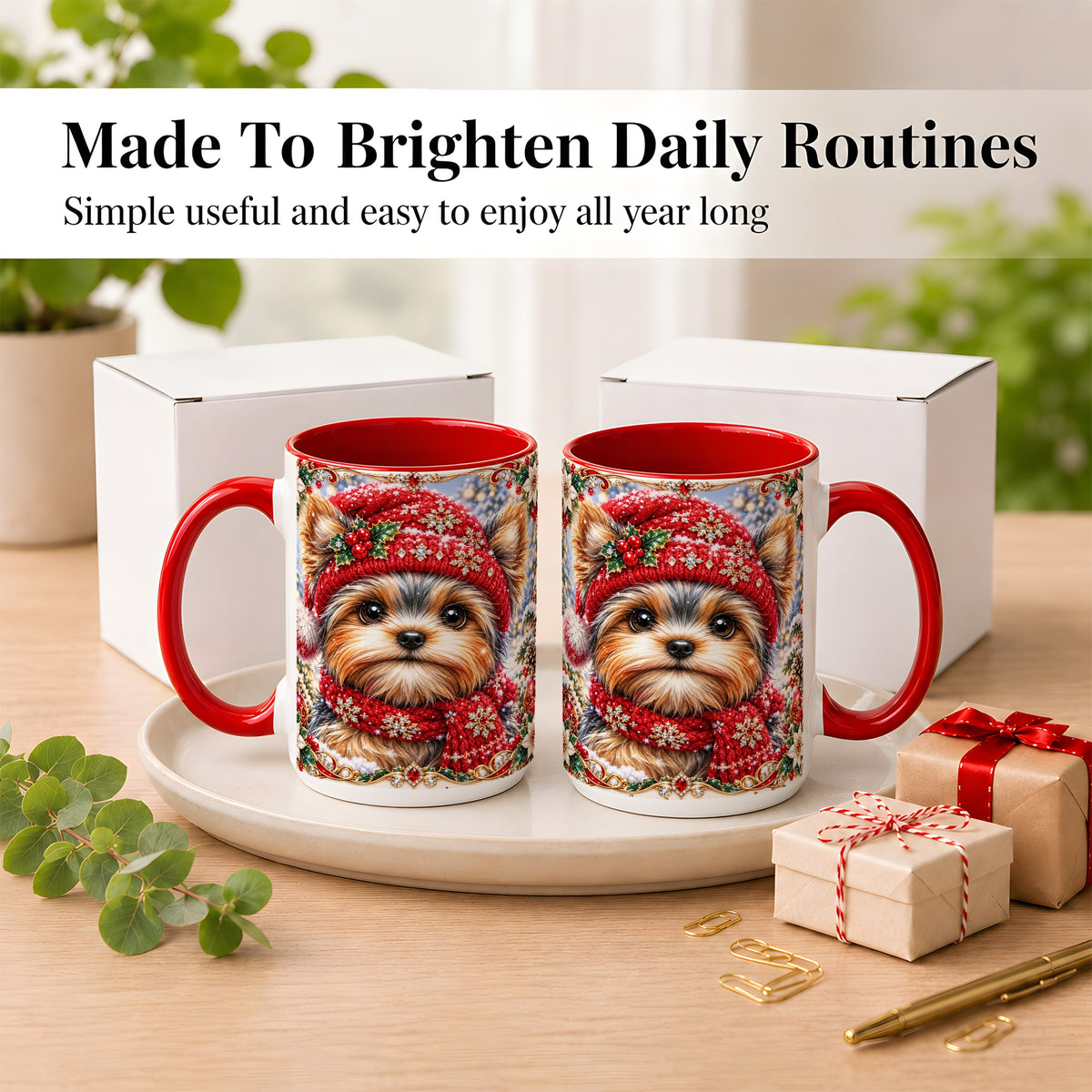 #pl[15oz|Red] Winter Yorkshire Terrier Coffee Mug, Christmas Dog Mug, Ceramic Cup