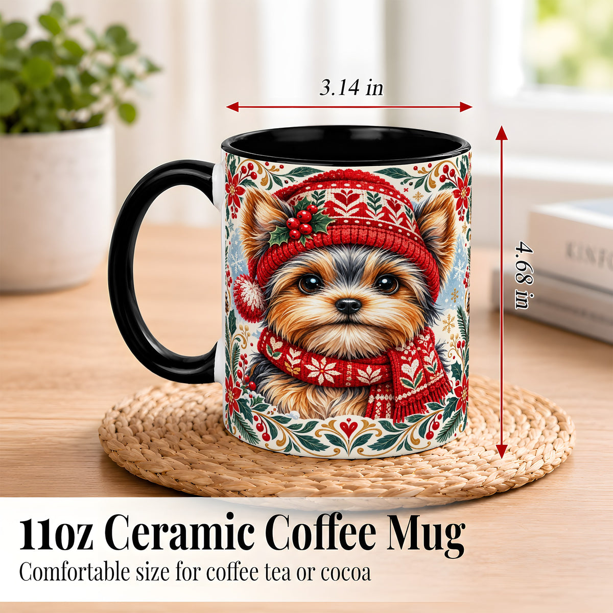 #pl[11oz|Black] Yorkshire Terrier Christmas Coffee Mug, Winter Dog Mug, Ceramic Cup