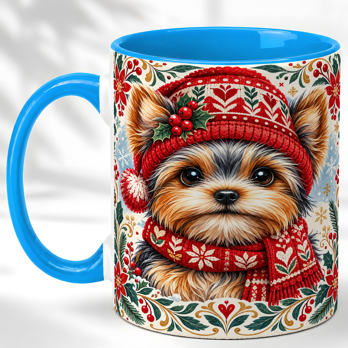 #pl[11oz|Blue] Yorkshire Terrier Christmas Coffee Mug, Winter Dog Mug, Ceramic Cup
