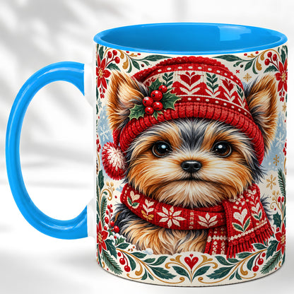 #pl[11oz|Blue] Yorkshire Terrier Christmas Coffee Mug, Winter Dog Mug, Ceramic Cup