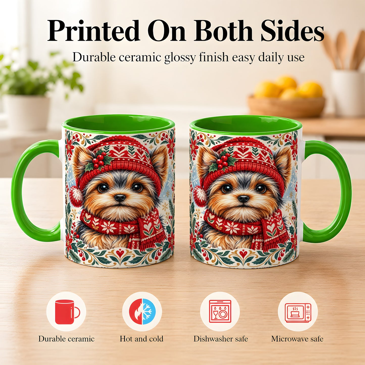#pl[11oz|Green] Yorkshire Terrier Christmas Coffee Mug, Winter Dog Mug, Ceramic Cup