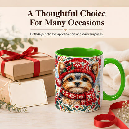 #pl[11oz|Green] Yorkshire Terrier Christmas Coffee Mug, Winter Dog Mug, Ceramic Cup