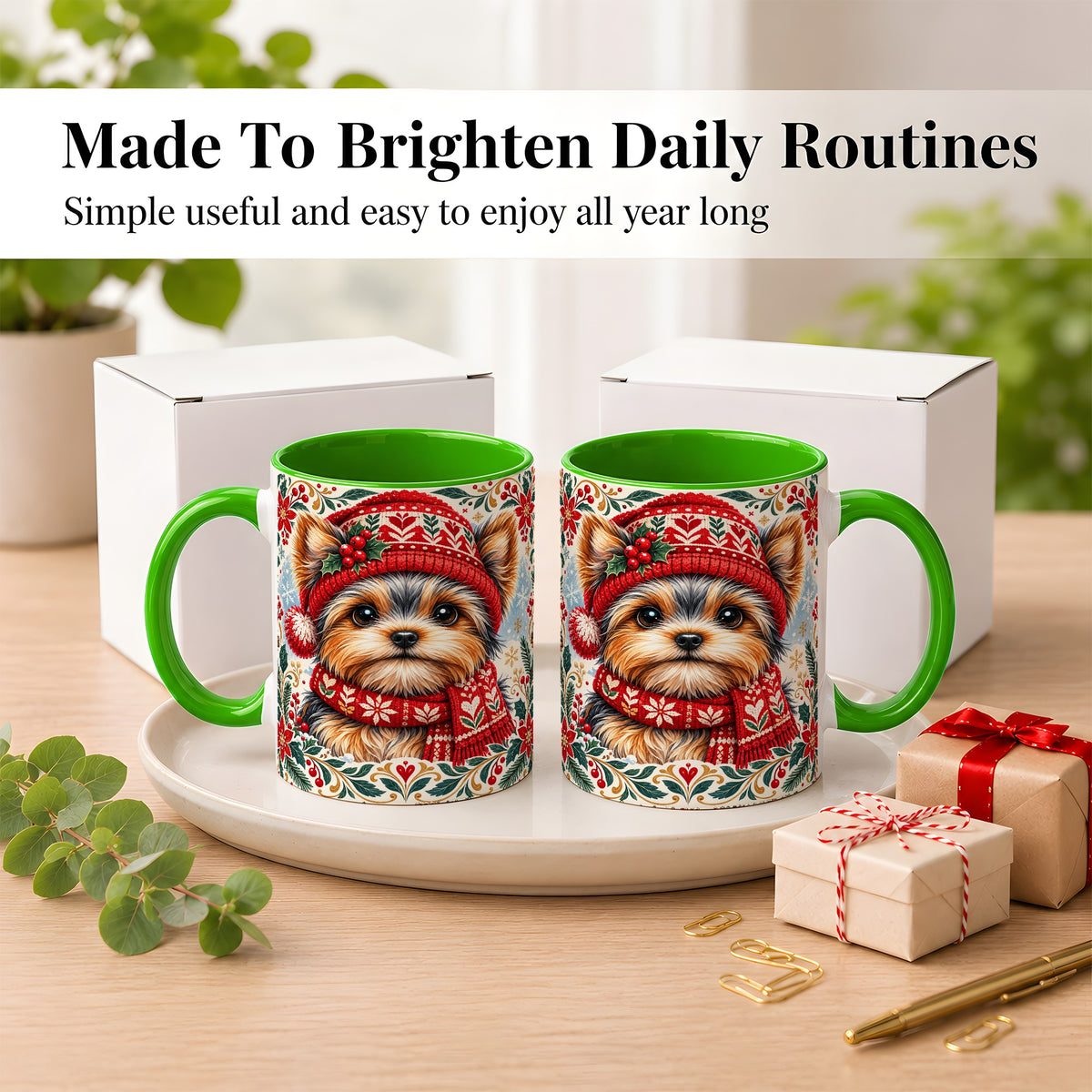#pl[11oz|Green] Yorkshire Terrier Christmas Coffee Mug, Winter Dog Mug, Ceramic Cup