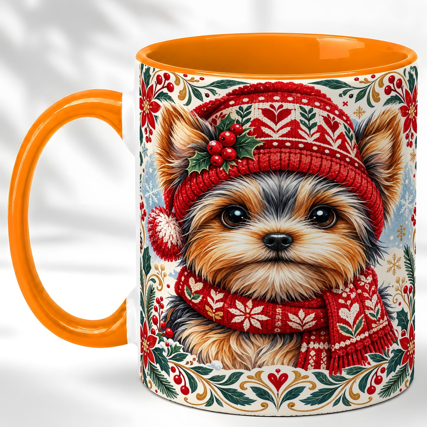 #pl[11oz|Orange] Yorkshire Terrier Christmas Coffee Mug, Winter Dog Mug, Ceramic Cup