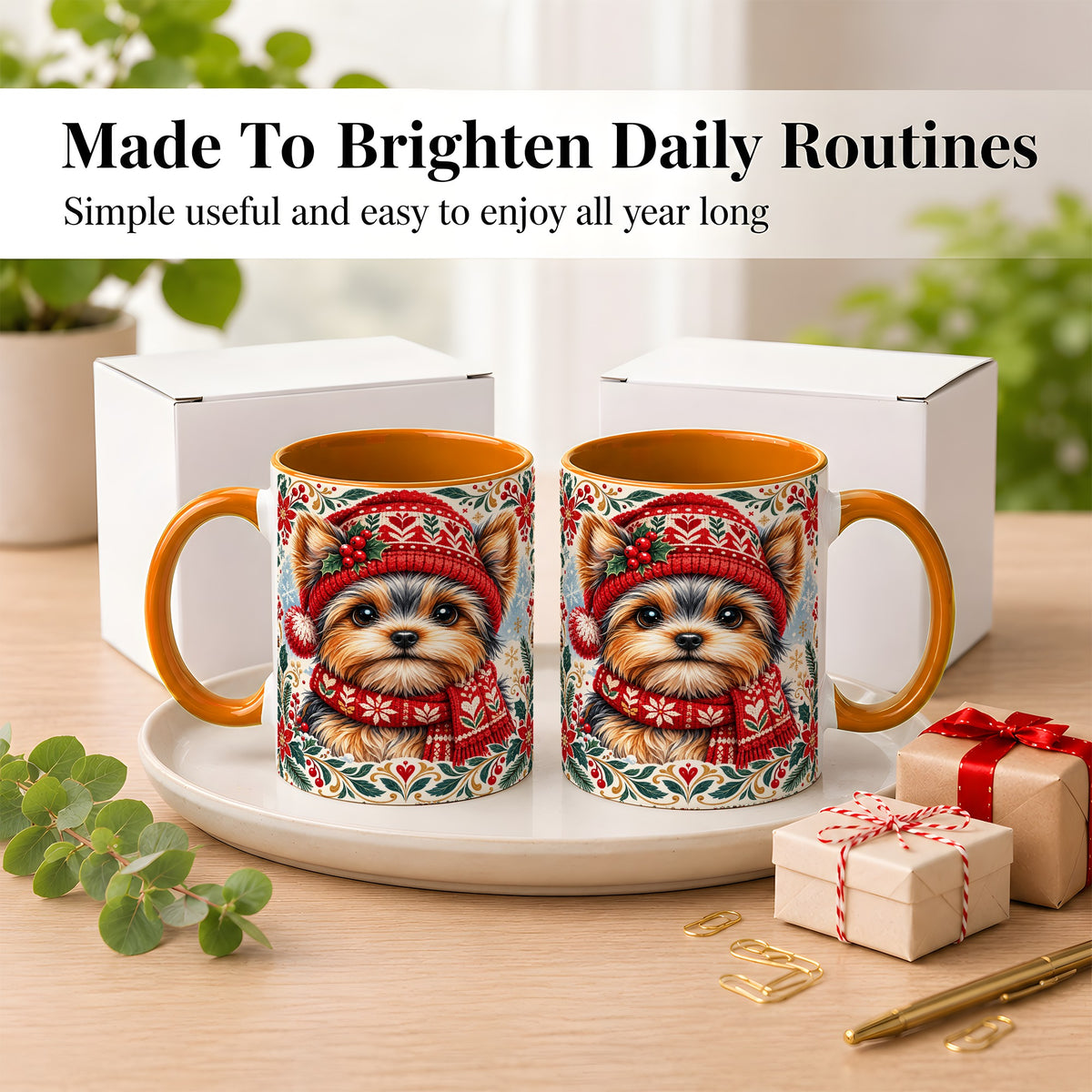 #pl[11oz|Orange] Yorkshire Terrier Christmas Coffee Mug, Winter Dog Mug, Ceramic Cup