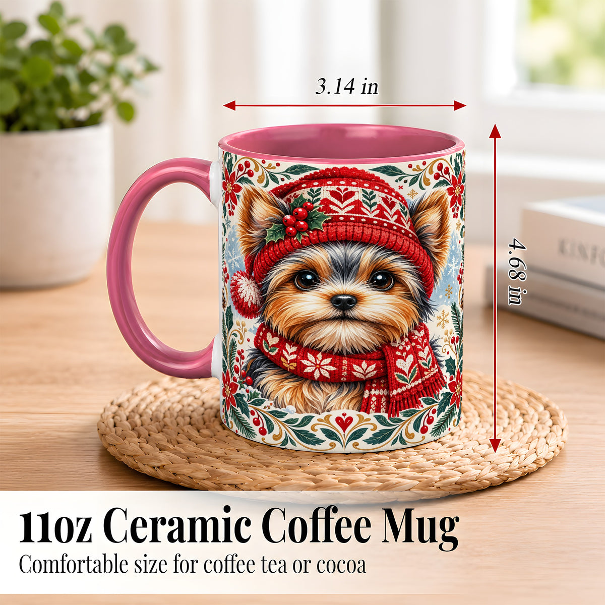 #pl[11oz|Pink] Yorkshire Terrier Christmas Coffee Mug, Winter Dog Mug, Ceramic Cup