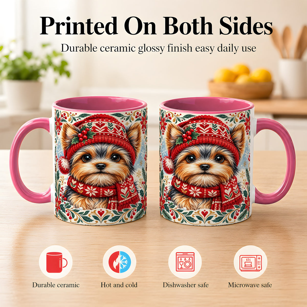 #pl[11oz|Pink] Yorkshire Terrier Christmas Coffee Mug, Winter Dog Mug, Ceramic Cup