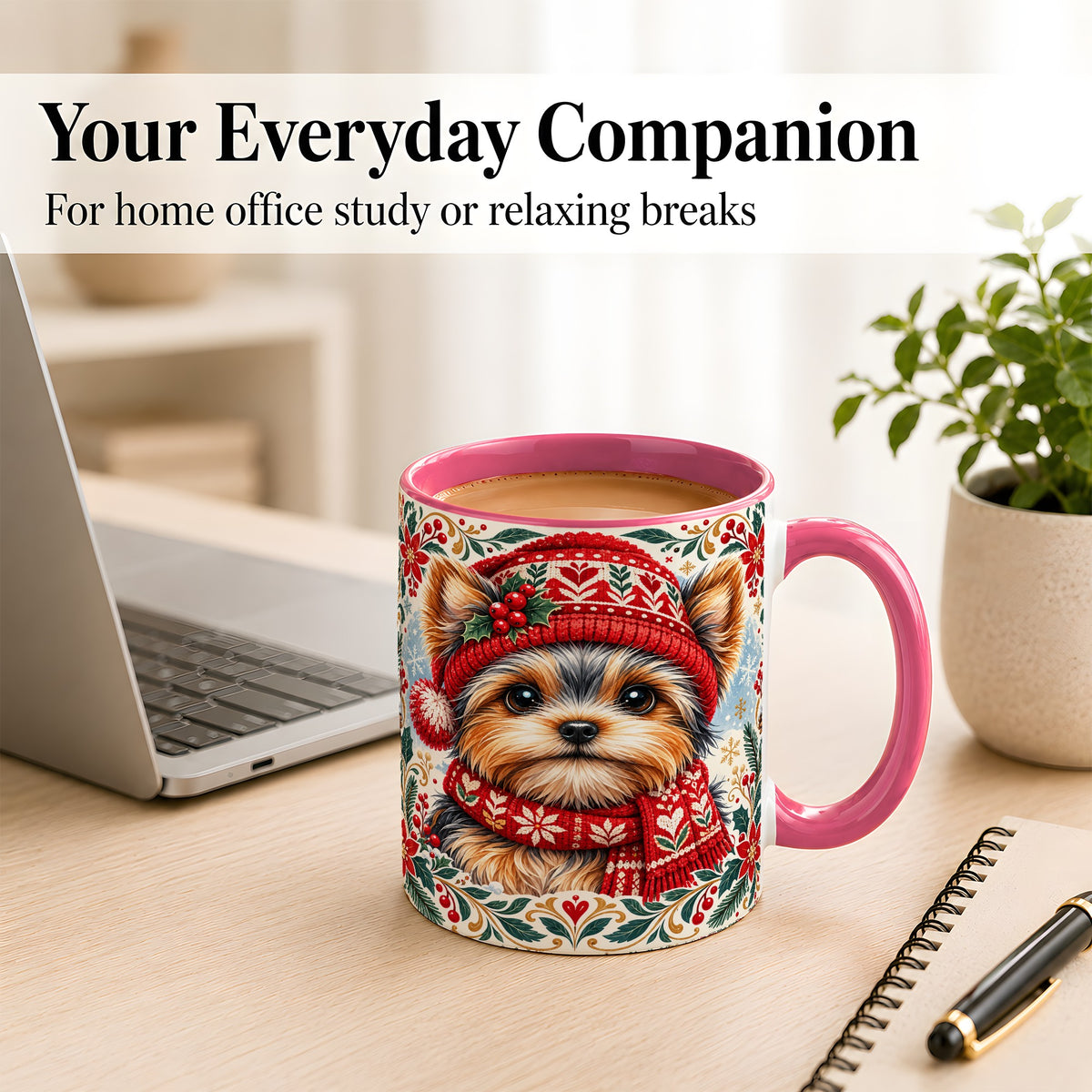 #pl[11oz|Pink] Yorkshire Terrier Christmas Coffee Mug, Winter Dog Mug, Ceramic Cup