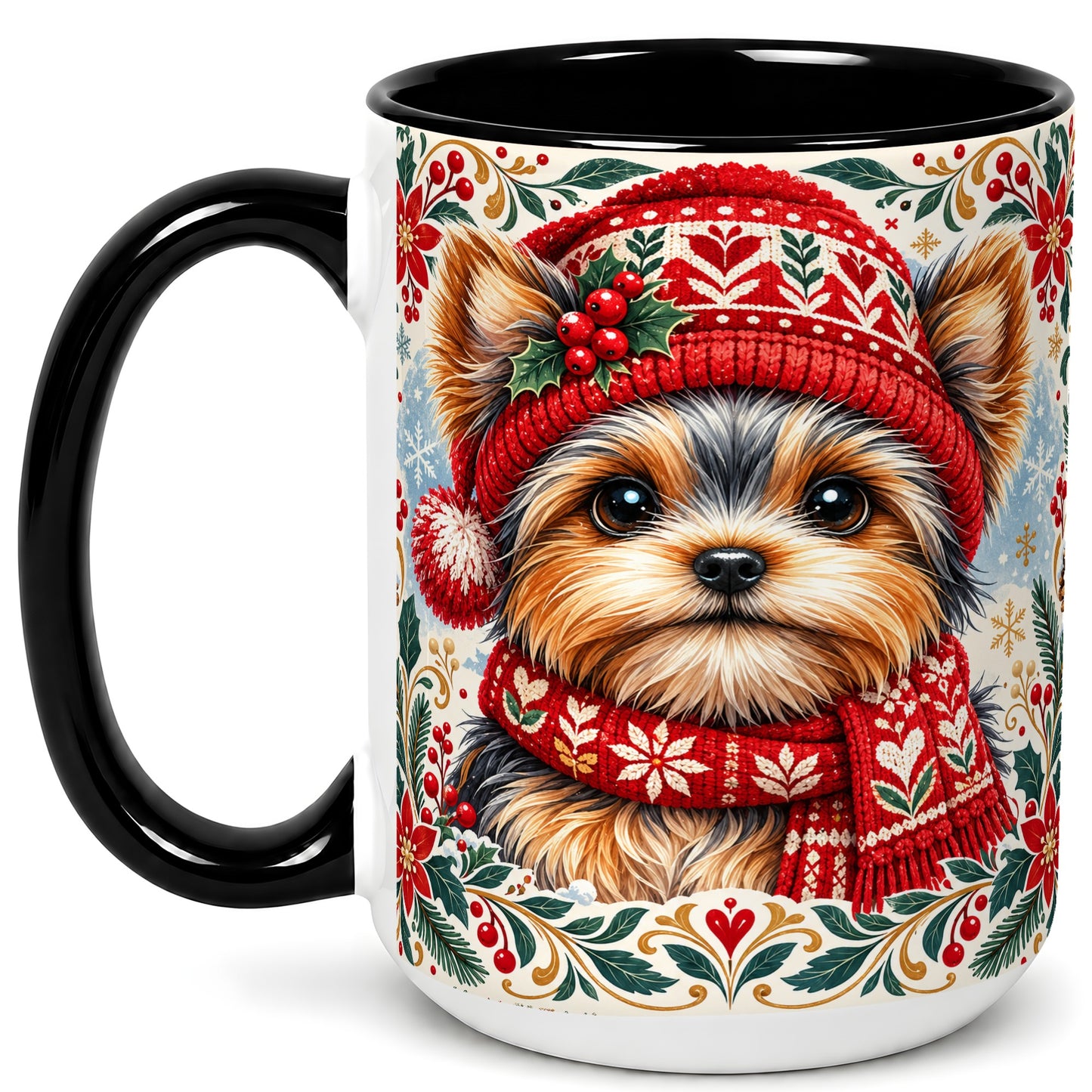 #pl[15oz|Black] Yorkshire Terrier Christmas Coffee Mug, Winter Dog Mug, Ceramic Cup