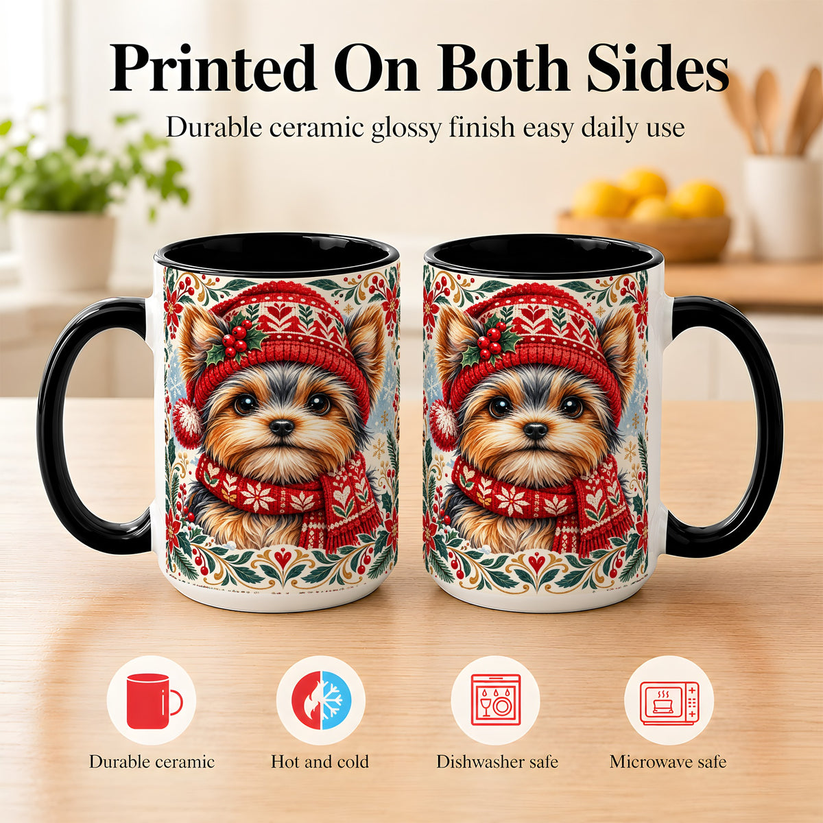 #pl[15oz|Black] Yorkshire Terrier Christmas Coffee Mug, Winter Dog Mug, Ceramic Cup