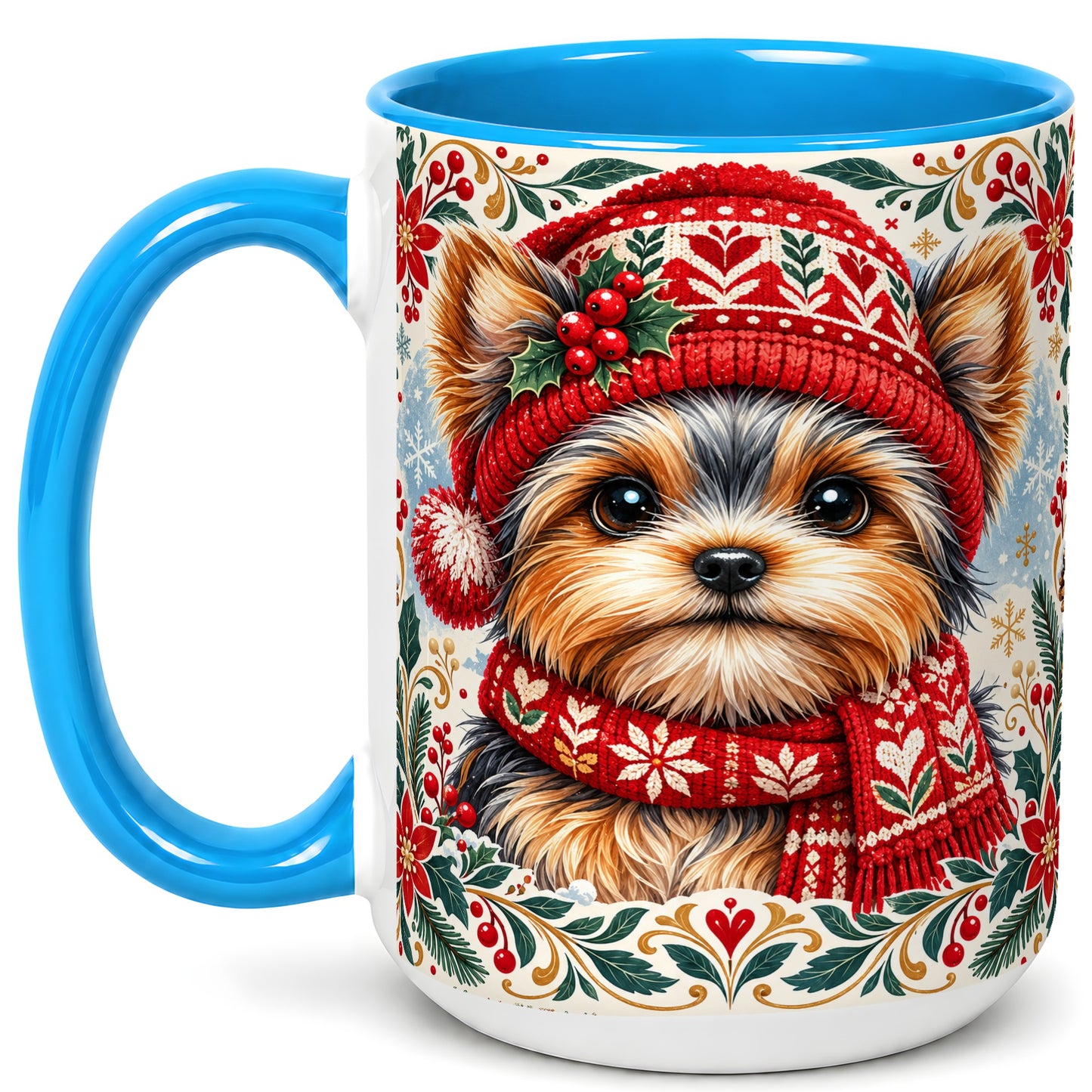 #pl[15oz|Blue] Yorkshire Terrier Christmas Coffee Mug, Winter Dog Mug, Ceramic Cup