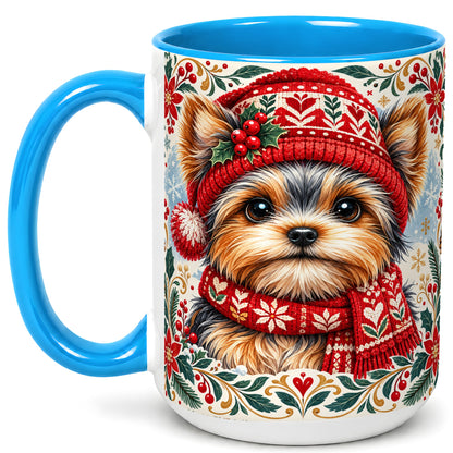 #pl[15oz|Blue] Yorkshire Terrier Christmas Coffee Mug, Winter Dog Mug, Ceramic Cup