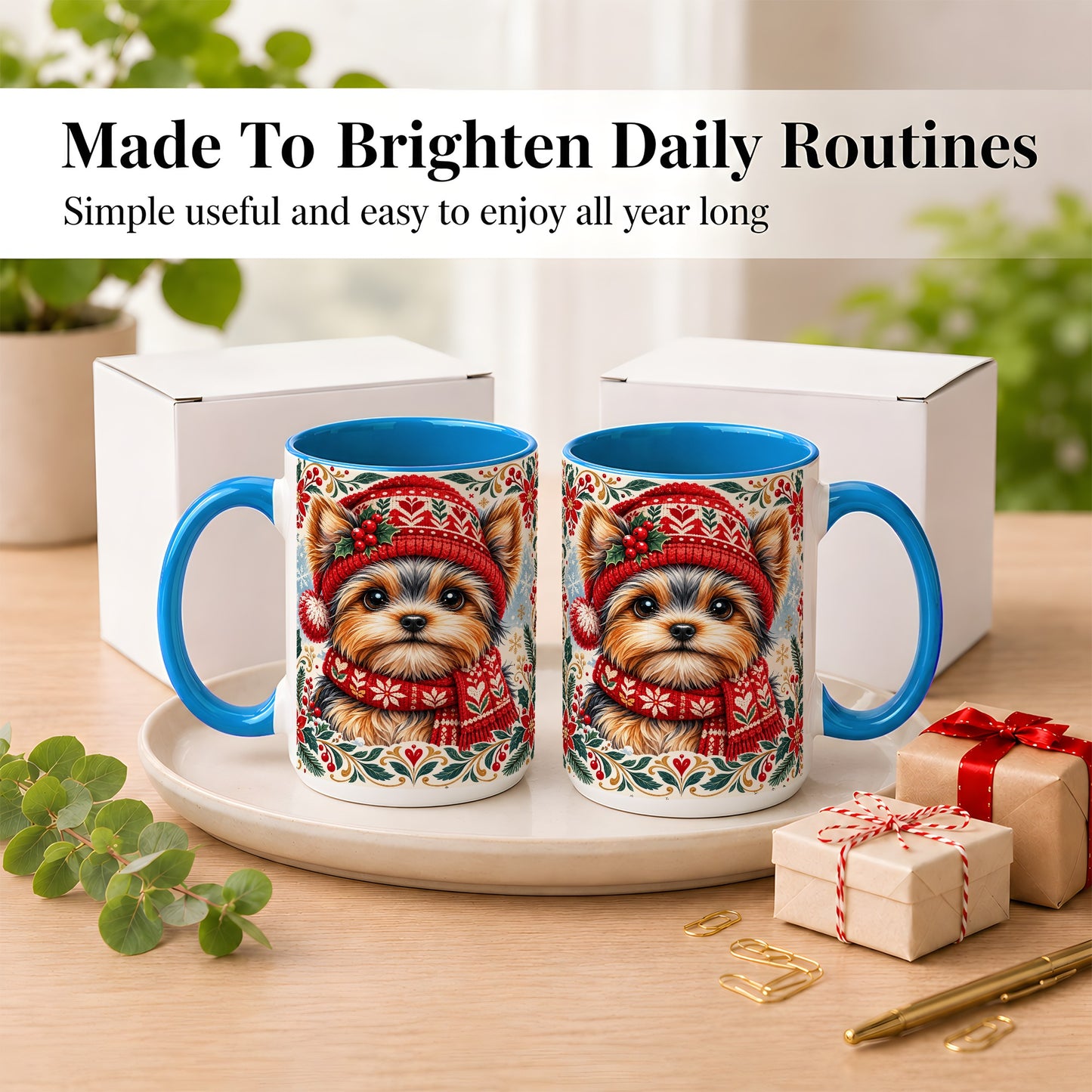 #pl[15oz|Blue] Yorkshire Terrier Christmas Coffee Mug, Winter Dog Mug, Ceramic Cup