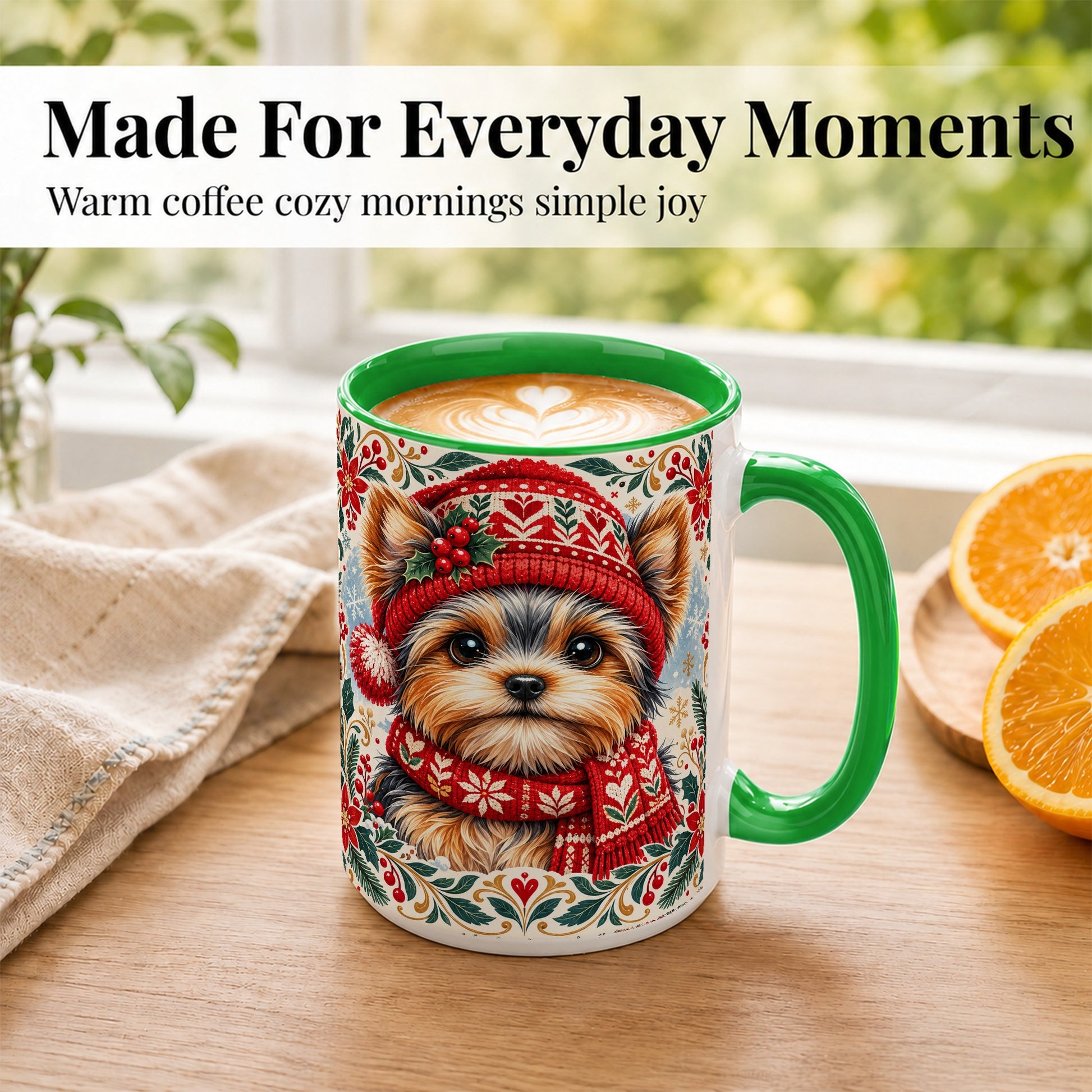 #pl[15oz|Green] Yorkshire Terrier Christmas Coffee Mug, Winter Dog Mug, Ceramic Cup