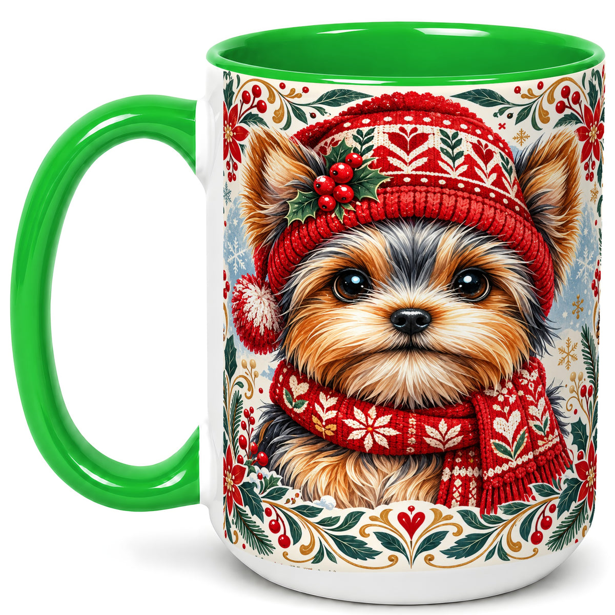 #pl[15oz|Green] Yorkshire Terrier Christmas Coffee Mug, Winter Dog Mug, Ceramic Cup