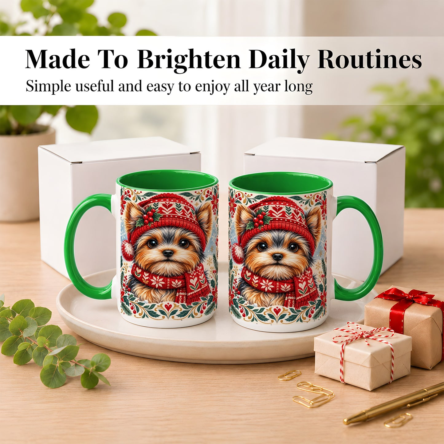 #pl[15oz|Green] Yorkshire Terrier Christmas Coffee Mug, Winter Dog Mug, Ceramic Cup