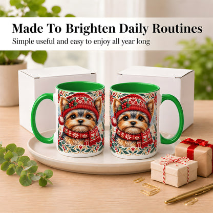 #pl[15oz|Green] Yorkshire Terrier Christmas Coffee Mug, Winter Dog Mug, Ceramic Cup