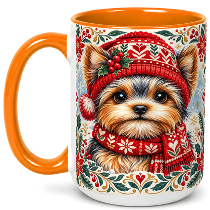 #pl[15oz|Orange] Yorkshire Terrier Christmas Coffee Mug, Winter Dog Mug, Ceramic Cup