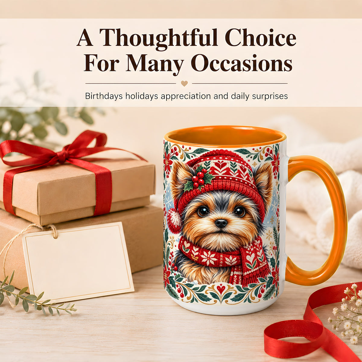#pl[15oz|Orange] Yorkshire Terrier Christmas Coffee Mug, Winter Dog Mug, Ceramic Cup