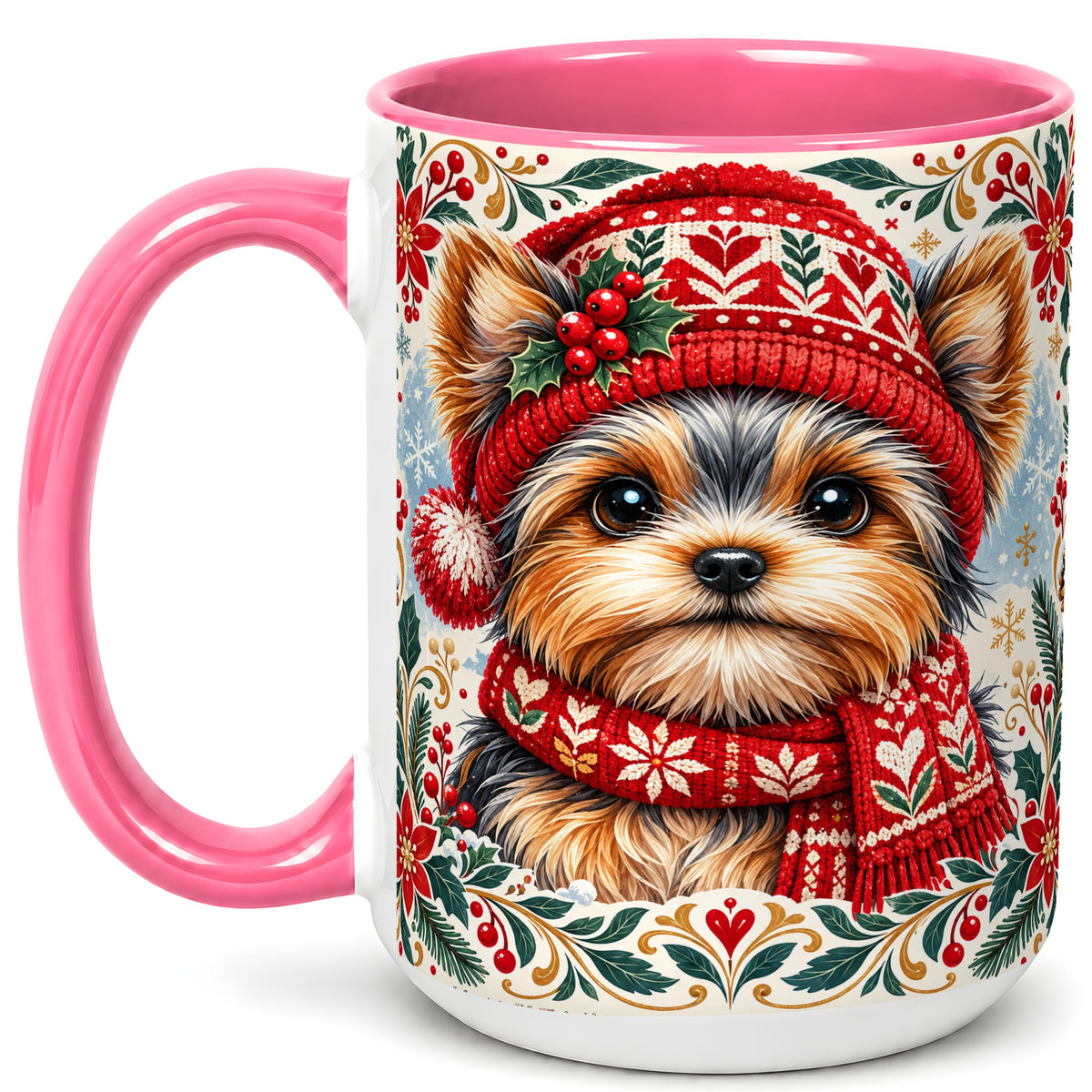 #pl[15oz|Pink] Yorkshire Terrier Christmas Coffee Mug, Winter Dog Mug, Ceramic Cup