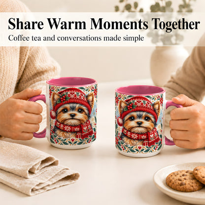 #pl[15oz|Pink] Yorkshire Terrier Christmas Coffee Mug, Winter Dog Mug, Ceramic Cup