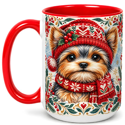 #pl[15oz|Red] Yorkshire Terrier Christmas Coffee Mug, Winter Dog Mug, Ceramic Cup