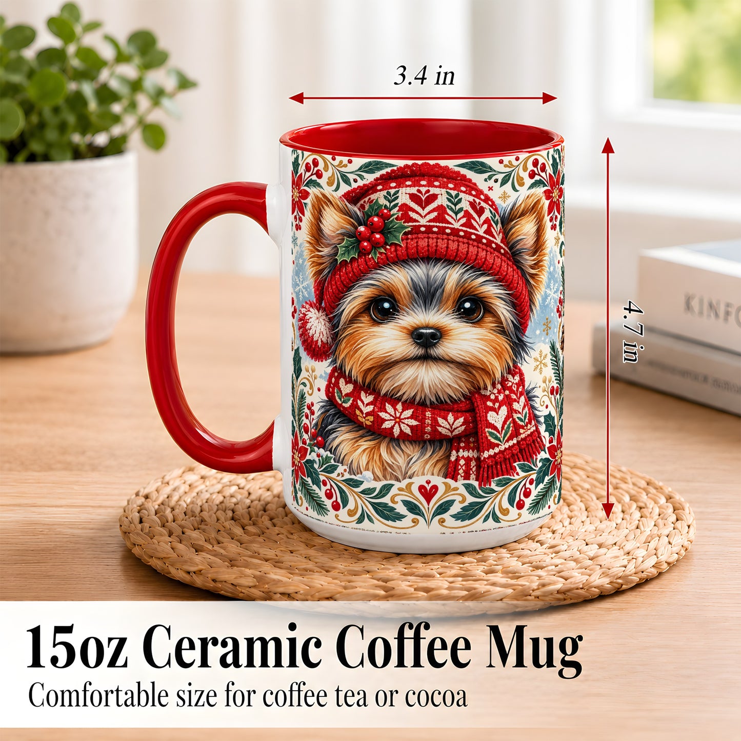 #pl[15oz|Red] Yorkshire Terrier Christmas Coffee Mug, Winter Dog Mug, Ceramic Cup