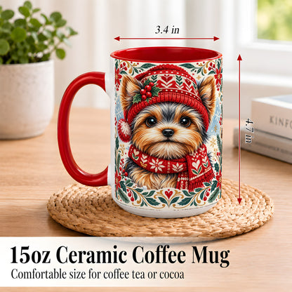 #pl[15oz|Red] Yorkshire Terrier Christmas Coffee Mug, Winter Dog Mug, Ceramic Cup