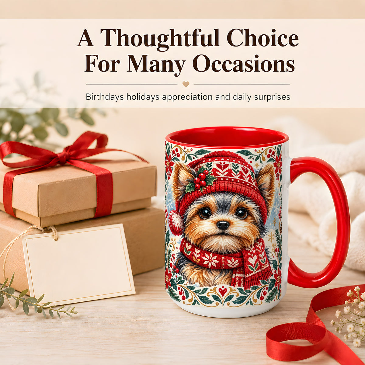 #pl[15oz|Red] Yorkshire Terrier Christmas Coffee Mug, Winter Dog Mug, Ceramic Cup