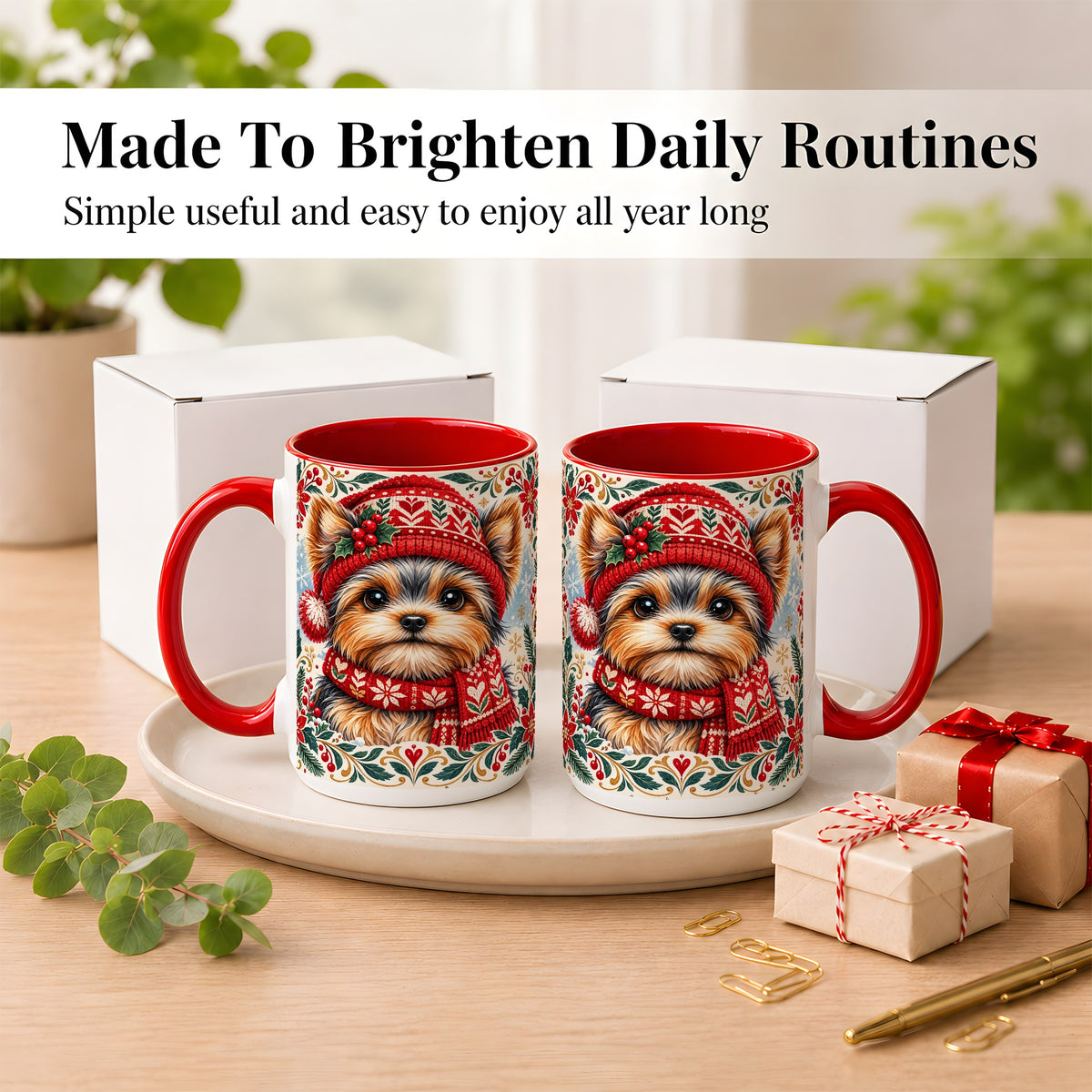 #pl[15oz|Red] Yorkshire Terrier Christmas Coffee Mug, Winter Dog Mug, Ceramic Cup