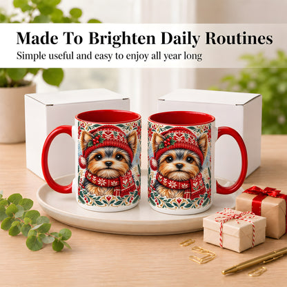 #pl[15oz|Red] Yorkshire Terrier Christmas Coffee Mug, Winter Dog Mug, Ceramic Cup